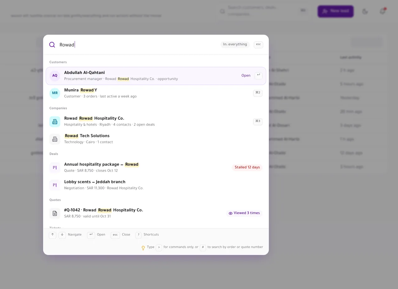 Command palette searching customers, companies, deals and quotes