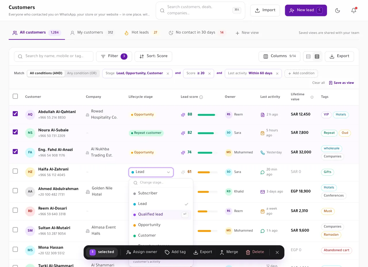 Customer list with saved view tabs, AND/OR filters, lead scores and bulk actions on selected rows