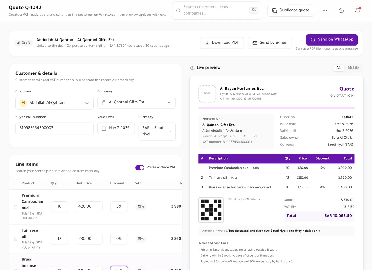Quote editor with line items, discount and VAT, and a live preview with a ZATCA-format QR code